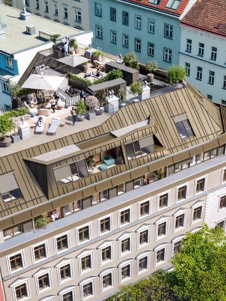 Dachterrasse mit Pflanzen und Sitzplätzen über dem neuen Dachgeschoss