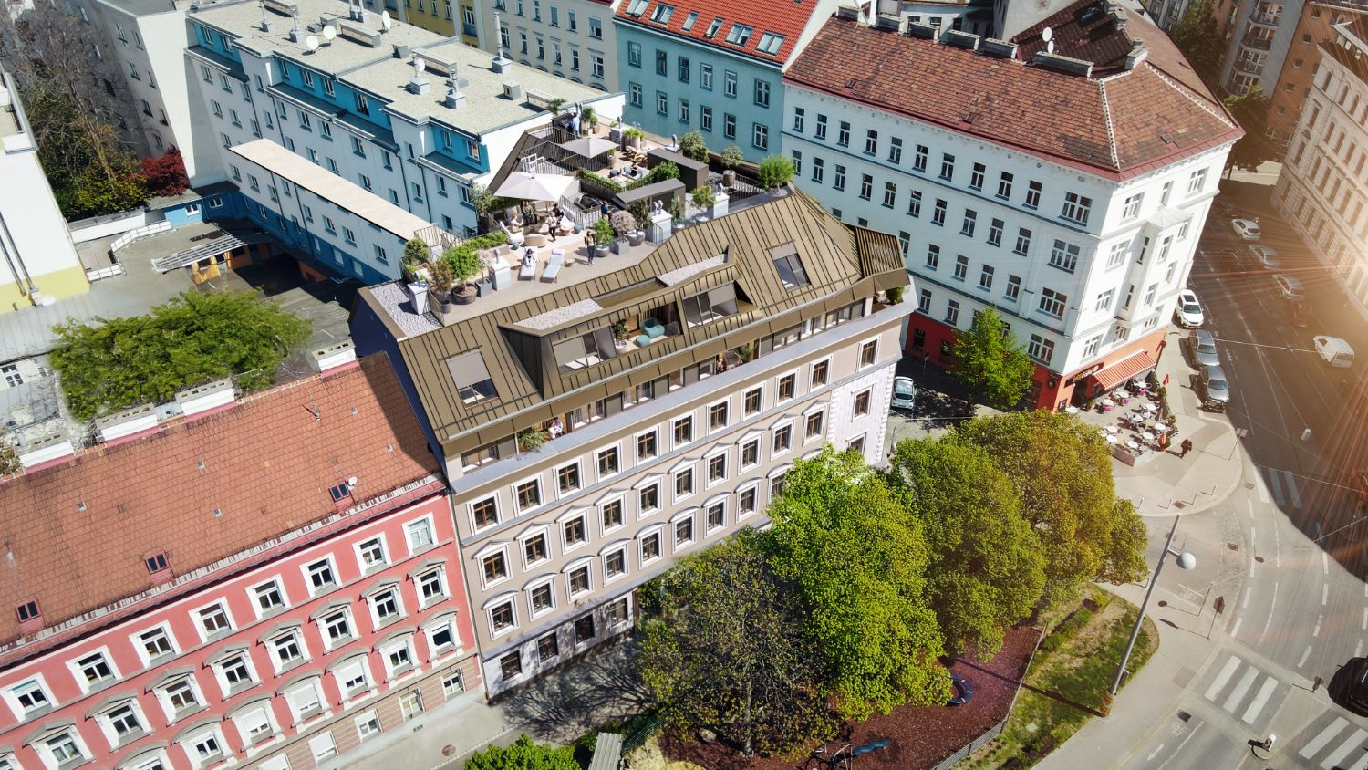 Luftaufnahme des Hauses von oben mit Dachterrassen und Nachbarschaft