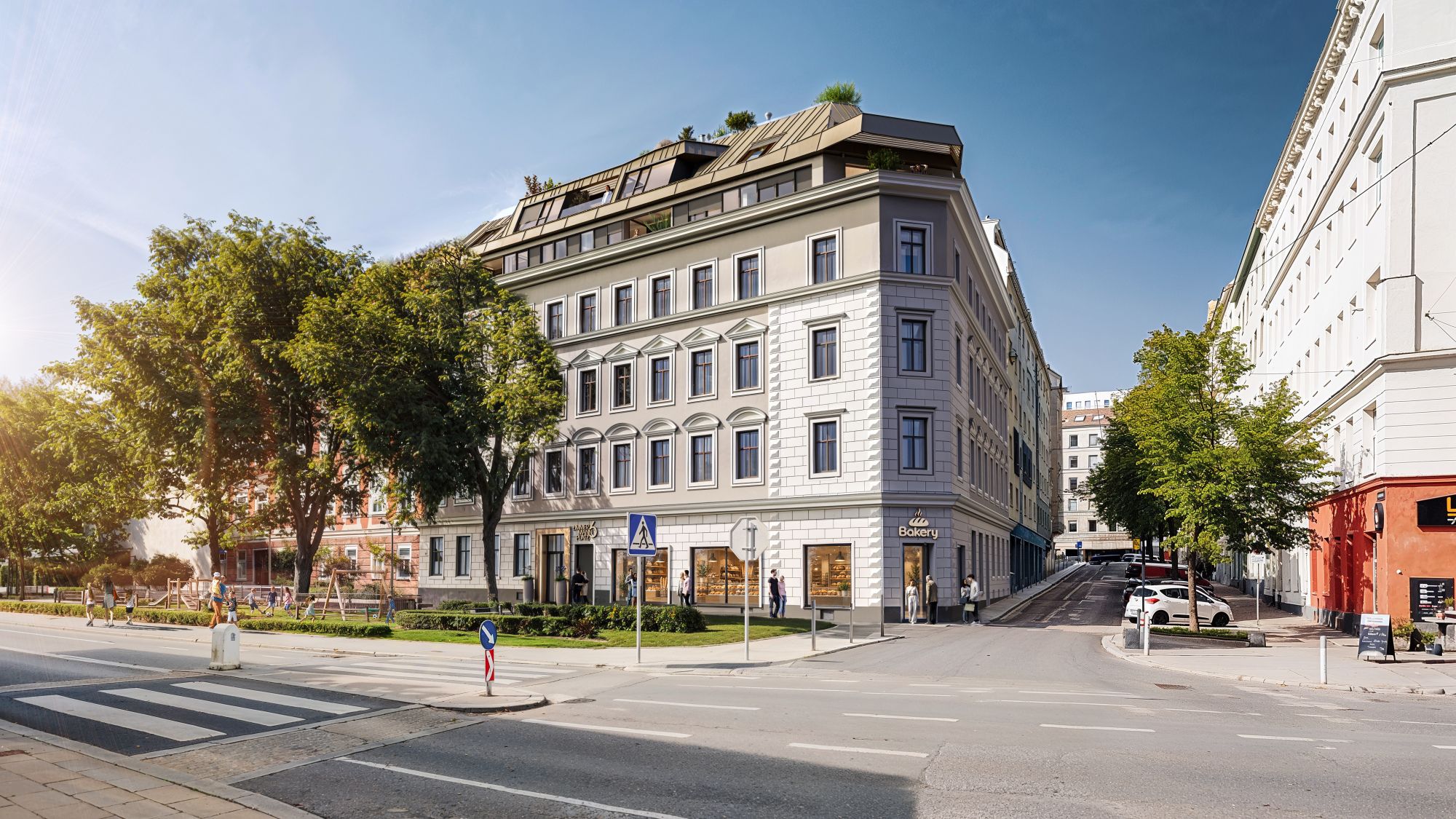 Straßenansicht Zimmermannplatz 6 mit Geschäftslokal im Erdgeschoss und neuem Dachgeschoss